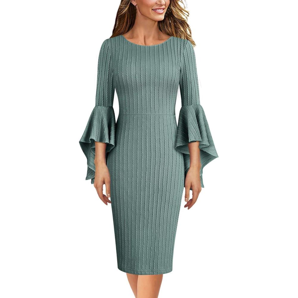 imageVFSHOW Womens Ruffle Bell Sleeves Business Casual Cocktail Party Wedding Guest Bodycon Pencil Sheath DressGreen Knit