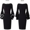 imageVFSHOW Womens Ruffle Bell Sleeves Business Casual Cocktail Party Wedding Guest Bodycon Pencil Sheath DressBlack With White Piping