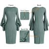 imageVFSHOW Womens Ruffle Bell Sleeves Business Casual Cocktail Party Wedding Guest Bodycon Pencil Sheath DressGreen Knit