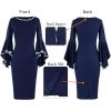 imageVFSHOW Womens Ruffle Bell Sleeves Business Casual Cocktail Party Wedding Guest Bodycon Pencil Sheath DressNavy Blue With White