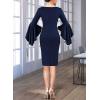 imageVFSHOW Womens Ruffle Bell Sleeves Business Casual Cocktail Party Wedding Guest Bodycon Pencil Sheath DressNavy Blue With White