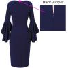 imageVFSHOW Womens Ruffle Bell Sleeves Business Casual Cocktail Party Wedding Guest Bodycon Pencil Sheath DressNavy Bluecotton Blend