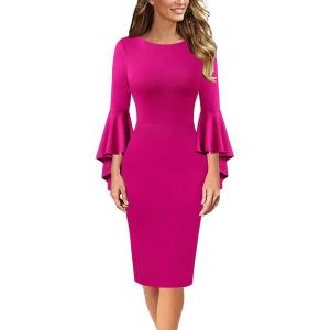 imageVFSHOW Womens Ruffle Bell Sleeves Business Casual Cocktail Party Wedding Guest Bodycon Pencil Sheath DressHot Pink
