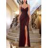 imageVFSHOW Womens Sexy Formal Ruched Fitted High Slit Bodycon Maxi Dress Spaghetti Strap Sweetheart Cocktail Prom Evening GownBlack and Red