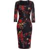 imageVFSHOW Womens Work Business Office Square Neck Bodycon Dress Elegant Cocktail Party Slim Fitted Church Pencil Sheath DressBlack With Red Floral Print