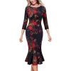 imageVFSHOW Womens Elegant Vintage Cocktail Party Mermaid Bodycon Midi MidCalf DressBlack With Red Floral Print
