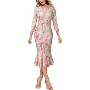 imageVFSHOW Womens Elegant Vintage Cocktail Party Mermaid Bodycon Midi MidCalf DressPink Floral Print