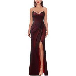 imageVFSHOW Womens Sexy Formal Ruched Fitted High Slit Bodycon Maxi Dress Spaghetti Strap Sweetheart Cocktail Prom Evening GownBlack and Red