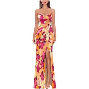 imageVFSHOW Womens Sexy Formal Ruched Fitted High Slit Bodycon Maxi Dress Spaghetti Strap Sweetheart Cocktail Prom Evening GownOrange and Fuchsia Floral Print