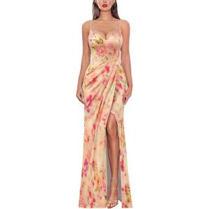 imageVFSHOW Womens Sexy Formal Ruched Fitted High Slit Bodycon Maxi Dress Spaghetti Strap Sweetheart Cocktail Prom Evening GownPink Floral Print