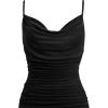 imageVFSHOW Womens 2025 Spaghetti Strap Ruched Bodycon Cocktail Dress Sexy Cowl Neck Backless Fitted Wedding Guest Party DressesSolid Black