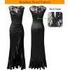 imageVFSHOW Womens Formal Ruched Ruffles Evening Prom Wedding Party Maxi DressBlack Satin  Floral Embroidery