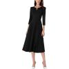 imageVFSHOW Womens Pleated Notch V Neck Front Slit Buttons Pockets Office Business Work Slim Aline Fit and Flare Midi DressBlack