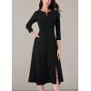 imageVFSHOW Womens Pleated Notch V Neck Front Slit Buttons Pockets Office Business Work Slim Aline Fit and Flare Midi DressBlack
