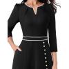 imageVFSHOW Womens Pleated Notch V Neck Front Slit Buttons Pockets Office Business Work Slim Aline Fit and Flare Midi DressBlack With White Piping
