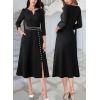 imageVFSHOW Womens Pleated Notch V Neck Front Slit Buttons Pockets Office Business Work Slim Aline Fit and Flare Midi DressBlack With White Piping