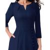 imageVFSHOW Womens Pleated Notch V Neck Front Slit Buttons Pockets Office Business Work Slim Aline Fit and Flare Midi DressDark Blue