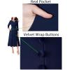 imageVFSHOW Womens Pleated Notch V Neck Front Slit Buttons Pockets Office Business Work Slim Aline Fit and Flare Midi DressDark Blue
