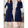 imageVFSHOW Womens Pleated Notch V Neck Front Slit Buttons Pockets Office Business Work Slim Aline Fit and Flare Midi DressDark Blue