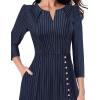 imageVFSHOW Womens Pleated Notch V Neck Front Slit Buttons Pockets Office Business Work Slim Aline Fit and Flare Midi DressDark Blue With White Stripes