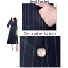 imageVFSHOW Womens Pleated Notch V Neck Front Slit Buttons Pockets Office Business Work Slim Aline Fit and Flare Midi DressDark Blue With White Stripes