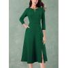 imageVFSHOW Womens Pleated Notch V Neck Front Slit Buttons Pockets Office Business Work Slim Aline Fit and Flare Midi DressGreen