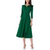 imageVFSHOW Womens Pleated Notch V Neck Front Slit Buttons Pockets Office Business Work Slim Aline Fit and Flare Midi DressGreen