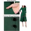imageVFSHOW Womens Pleated Notch V Neck Front Slit Buttons Pockets Office Business Work Slim Aline Fit and Flare Midi DressGreen
