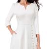 imageVFSHOW Womens Pleated Notch V Neck Front Slit Buttons Pockets Office Business Work Slim Aline Fit and Flare Midi DressOffwhite