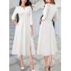 imageVFSHOW Womens Pleated Notch V Neck Front Slit Buttons Pockets Office Business Work Slim Aline Fit and Flare Midi DressOffwhite