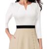 imageVFSHOW Womens Pleated Notch V Neck Front Slit Buttons Pockets Office Business Work Slim Aline Fit and Flare Midi DressOffwhiteblackbeige