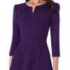 imageVFSHOW Womens Pleated Notch V Neck Front Slit Buttons Pockets Office Business Work Slim Aline Fit and Flare Midi DressPurple
