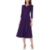 imageVFSHOW Womens Pleated Notch V Neck Front Slit Buttons Pockets Office Business Work Slim Aline Fit and Flare Midi DressPurple