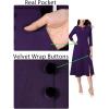 imageVFSHOW Womens Pleated Notch V Neck Front Slit Buttons Pockets Office Business Work Slim Aline Fit and Flare Midi DressPurple