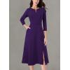 imageVFSHOW Womens Pleated Notch V Neck Front Slit Buttons Pockets Office Business Work Slim Aline Fit and Flare Midi DressPurple