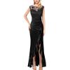 imageVFSHOW Womens Formal Ruched Ruffles Evening Prom Wedding Party Maxi DressBlack Satin  Floral Embroidery