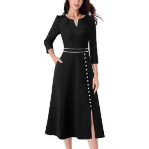 imageVFSHOW Womens Pleated Notch V Neck Front Slit Buttons Pockets Office Business Work Slim Aline Fit and Flare Midi DressBlack With White Piping