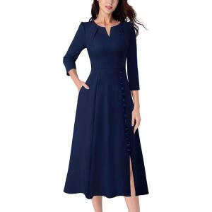 imageVFSHOW Womens Pleated Notch V Neck Front Slit Buttons Pockets Office Business Work Slim Aline Fit and Flare Midi DressDark Blue