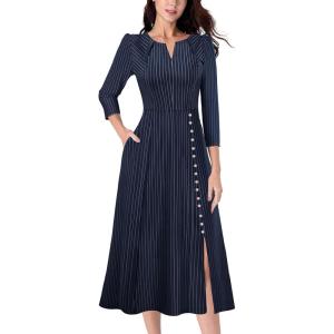 imageVFSHOW Womens Pleated Notch V Neck Front Slit Buttons Pockets Office Business Work Slim Aline Fit and Flare Midi DressDark Blue With White Stripes