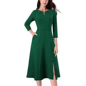 imageVFSHOW Womens Pleated Notch V Neck Front Slit Buttons Pockets Office Business Work Slim Aline Fit and Flare Midi DressGreen