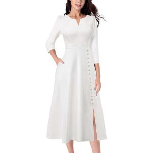 imageVFSHOW Womens Pleated Notch V Neck Front Slit Buttons Pockets Office Business Work Slim Aline Fit and Flare Midi DressOffwhite