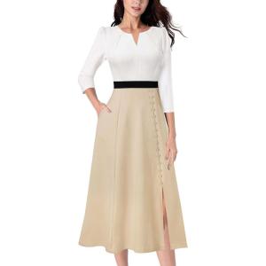 imageVFSHOW Womens Pleated Notch V Neck Front Slit Buttons Pockets Office Business Work Slim Aline Fit and Flare Midi DressOffwhiteblackbeige