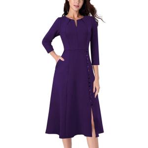 imageVFSHOW Womens Pleated Notch V Neck Front Slit Buttons Pockets Office Business Work Slim Aline Fit and Flare Midi DressPurple