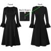 imageVFSHOW Womens Pleated Crew Neck Bell Sleeve Pockets Front Slit Buttons Business Work Office Slim Fit and Flare A Line DressBlack