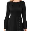 imageVFSHOW Womens Pleated Crew Neck Bell Sleeve Pockets Front Slit Buttons Business Work Office Slim Fit and Flare A Line DressBlack