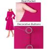 imageVFSHOW Womens Pleated Crew Neck Bell Sleeve Pockets Front Slit Buttons Business Work Office Slim Fit and Flare A Line DressHot Pink