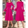 imageVFSHOW Womens Pleated Crew Neck Bell Sleeve Pockets Front Slit Buttons Business Work Office Slim Fit and Flare A Line DressHot Pink