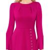 imageVFSHOW Womens Pleated Crew Neck Bell Sleeve Pockets Front Slit Buttons Business Work Office Slim Fit and Flare A Line DressHot Pink