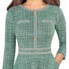 imageVFSHOW Womens Tweed Buttons Pockets Office Business ALine Dresses 34 Sleeves Work Crew Neck Fit and Flare Swing DressGreen Tweed