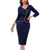 imageVFSHOW Womens 2024 Fall Work Business Dresses Double Breasted V Neck Office Slimming Peplum Pencil Sheath DressNavy Blueivory Piping